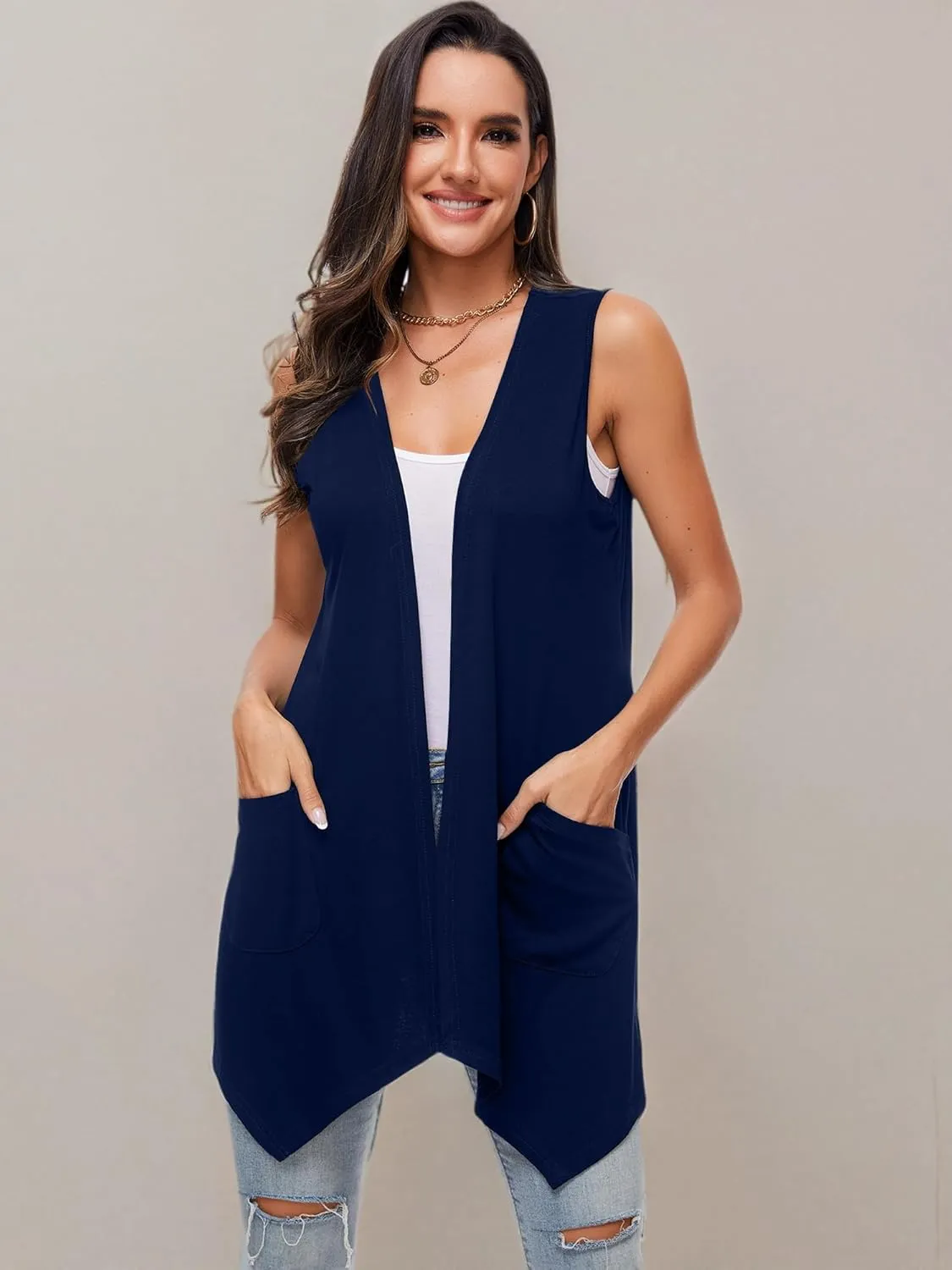 Moss Rose Women's Sleeveless Cardigan Vest Draped Open Front Cardigans Asymmetric Hem