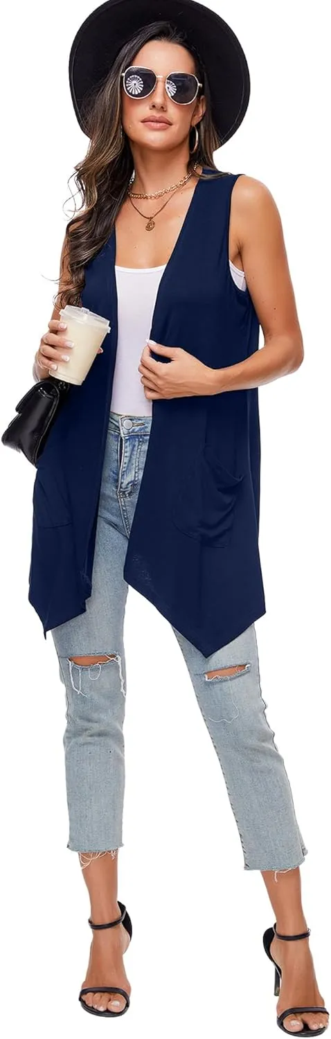 Moss Rose Women's Sleeveless Cardigan Vest Draped Open Front Cardigans Asymmetric Hem