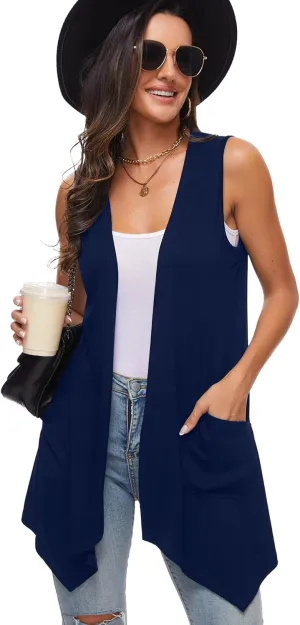 Moss Rose Women's Sleeveless Cardigan Vest Draped Open Front Cardigans Asymmetric Hem