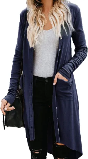 Naggoo Women's Long Cardigans Button Down High Low Solid Knit Loose Cardigans with Pockets