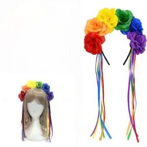 NT-ling Rainbow Rose Flower Headband With Rainbow Tassels LGBTQ Gay Pride Day Halloween Day Carnival Party Cosplay Wedding Festivals Headdress(Flower Crown)