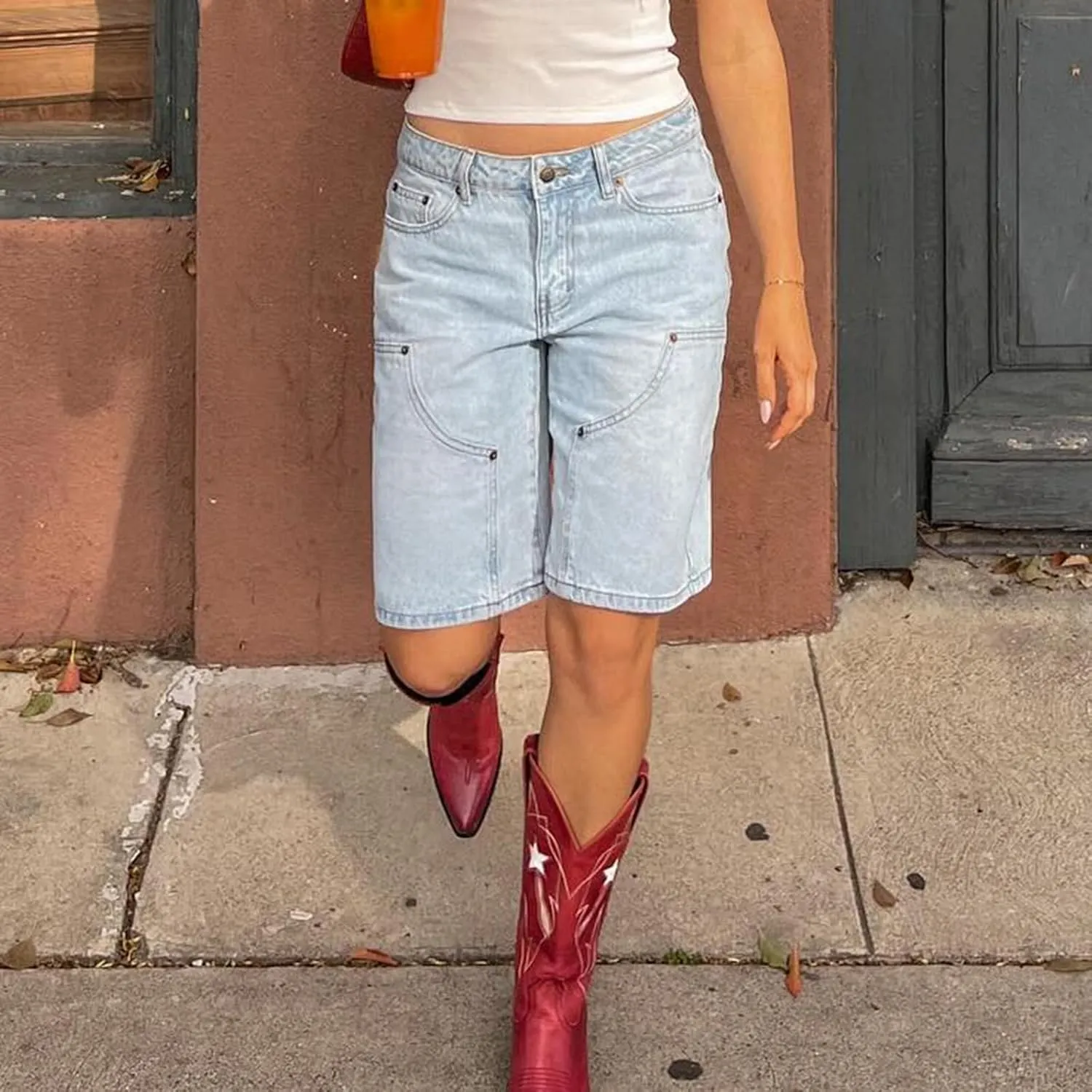 NUFIWI Women Y2k Boyfriend Denim Shorts Low Waist Wide Leg Bermuda Shorts Straight Leg Summer Jean Shorts Streetwear