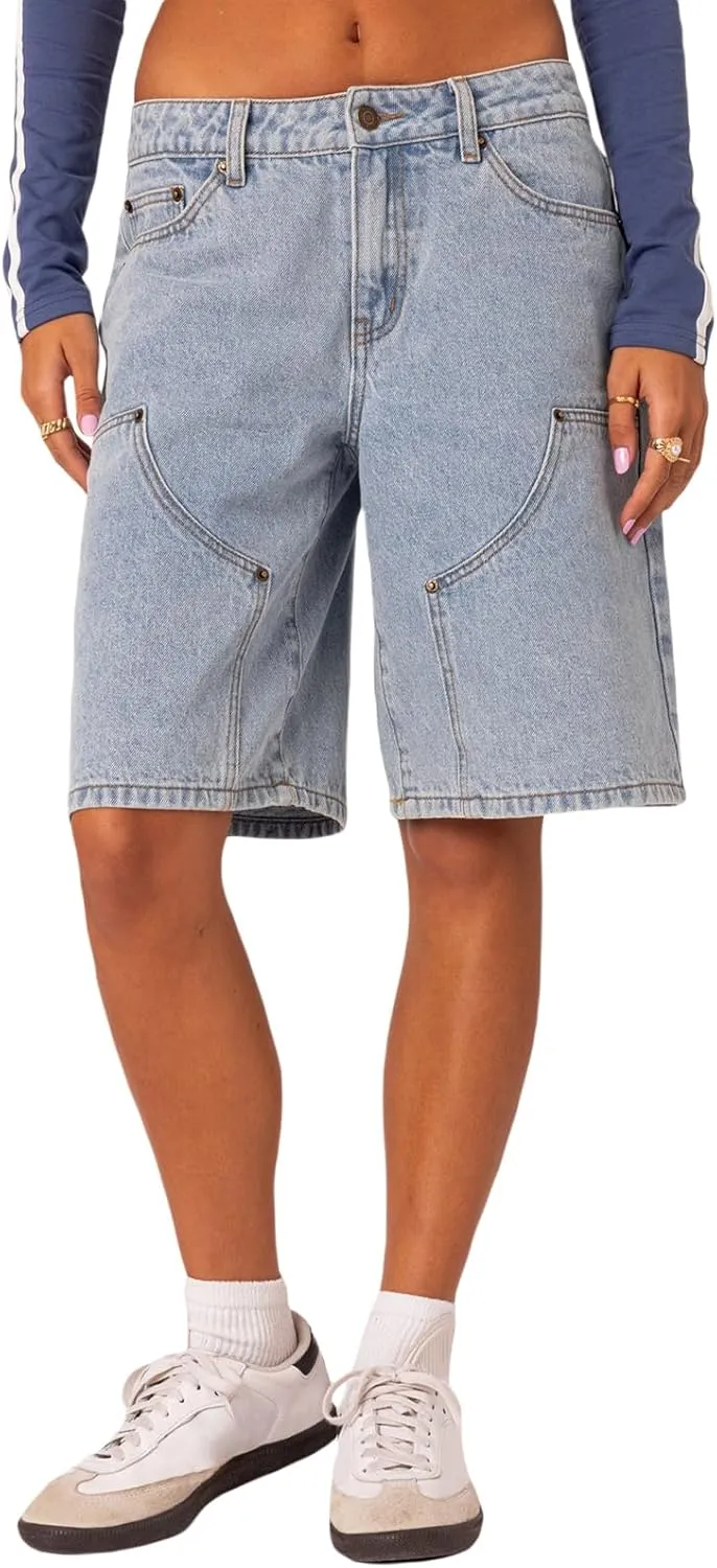 NUFIWI Women Y2k Boyfriend Denim Shorts Low Waist Wide Leg Bermuda Shorts Straight Leg Summer Jean Shorts Streetwear