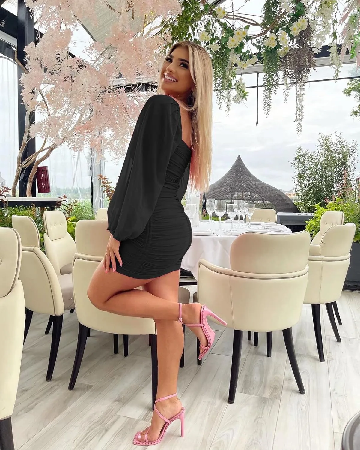 Ofenbuy Women's Mesh Long Sleeve Dress Square Neck Ruched Mini Bodycon Dress Stretch Party Cocktail Dresses