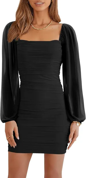 Ofenbuy Women's Mesh Long Sleeve Dress Square Neck Ruched Mini Bodycon Dress Stretch Party Cocktail Dresses