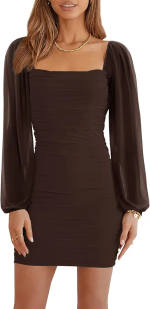 Ofenbuy Women's Mesh Long Sleeve Dress Square Neck Ruched Mini Bodycon Dress Stretch Party Cocktail Dresses