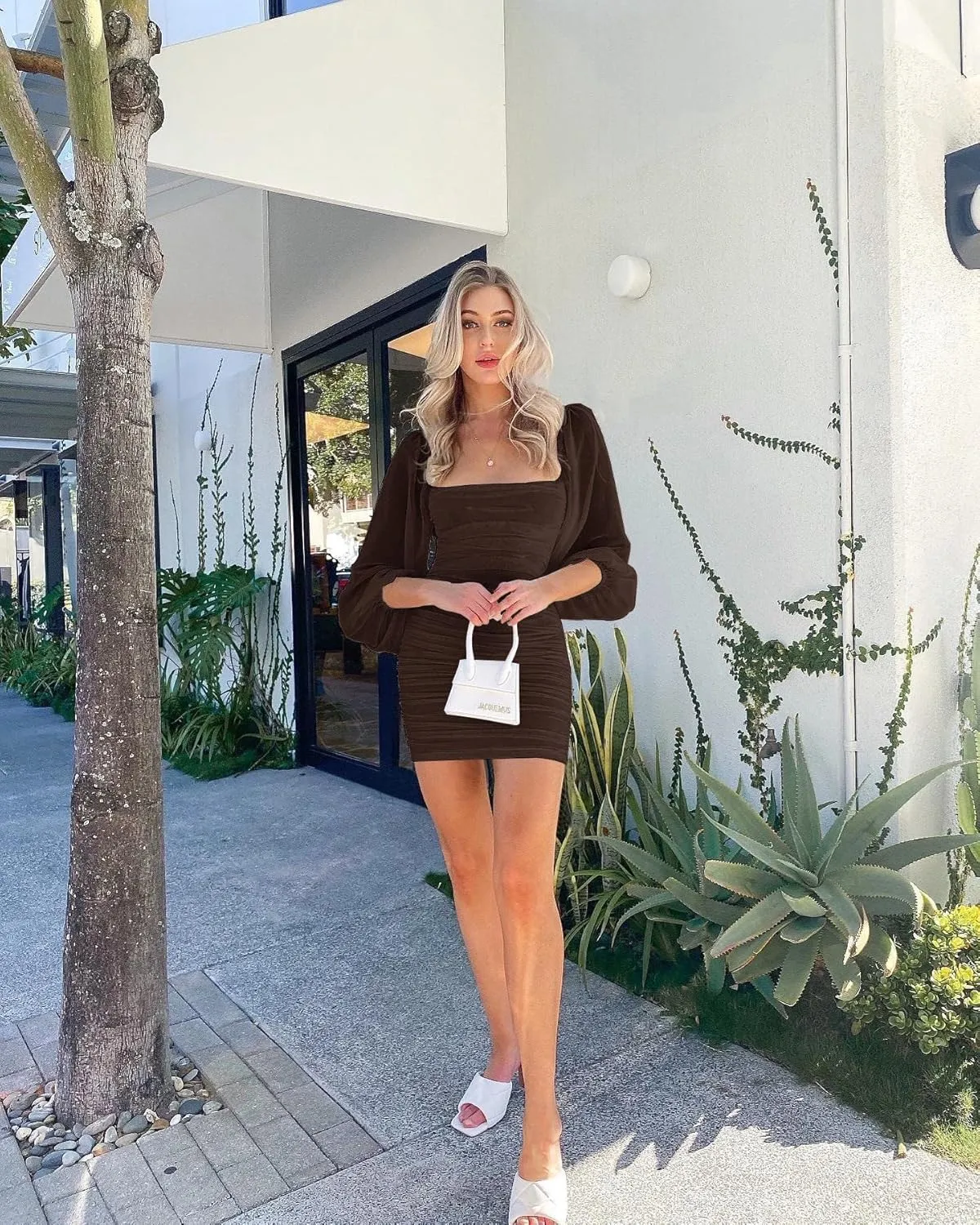 Ofenbuy Women's Mesh Long Sleeve Dress Square Neck Ruched Mini Bodycon Dress Stretch Party Cocktail Dresses
