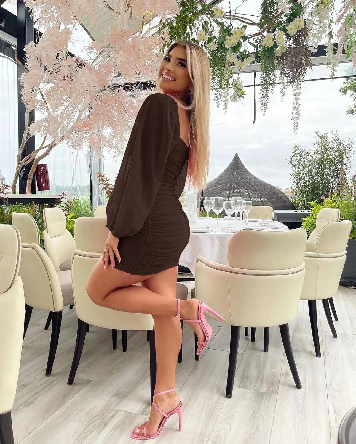 Ofenbuy Women's Mesh Long Sleeve Dress Square Neck Ruched Mini Bodycon Dress Stretch Party Cocktail Dresses