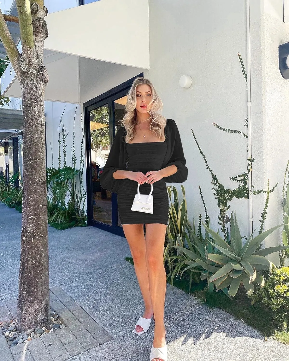 Ofenbuy Women's Mesh Long Sleeve Dress Square Neck Ruched Mini Bodycon Dress Stretch Party Cocktail Dresses