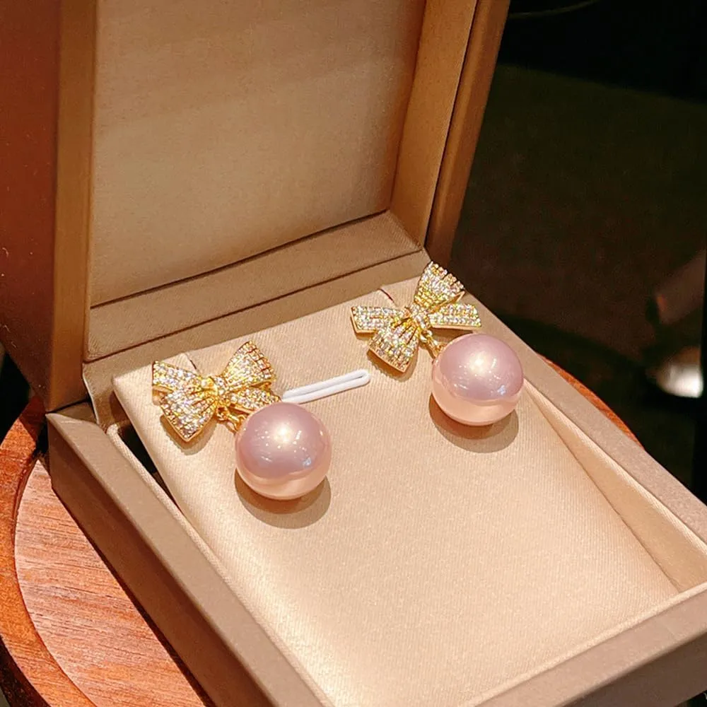 Pearl Earrings for Women, Cultured Stud Pearl Earrings Jewelry for Girls, Silver/Gold Plated Prom Jewelry Dangle Studs Cubic Zirconia Pearl Earrings for Gifts