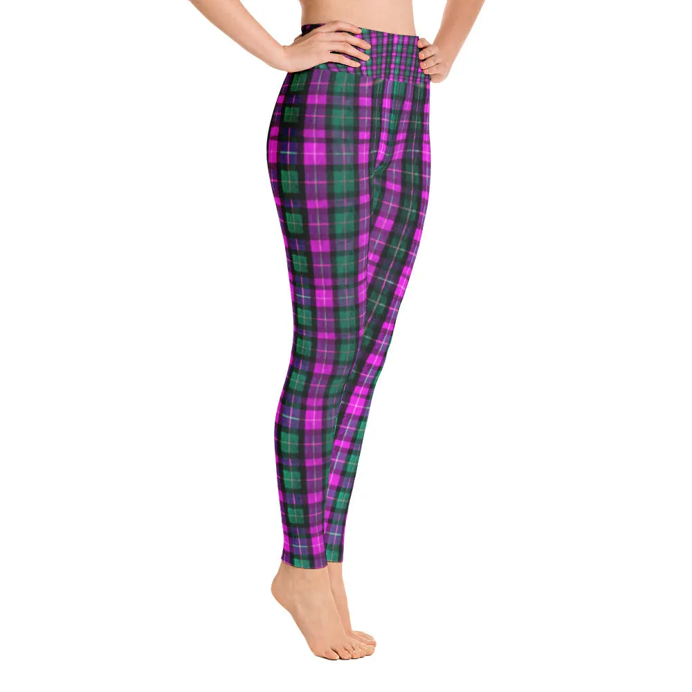 Pink Plaid Women's Leggings, Tartan Print Fitted Sports Long Yoga Pants-Made in USA/EU