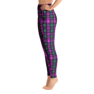 Pink Plaid Women's Leggings, Tartan Print Fitted Sports Long Yoga Pants-Made in USA/EU