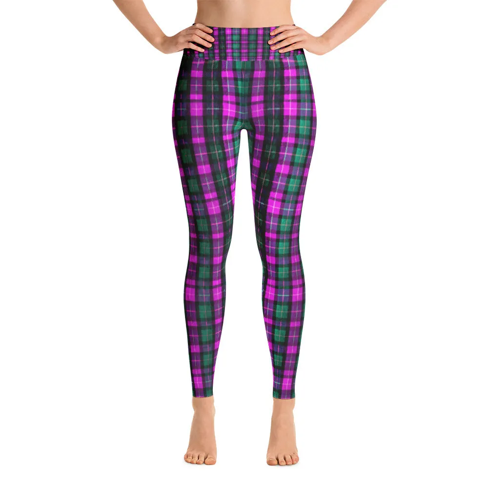 Pink Plaid Women's Leggings, Tartan Print Fitted Sports Long Yoga Pants-Made in USA/EU