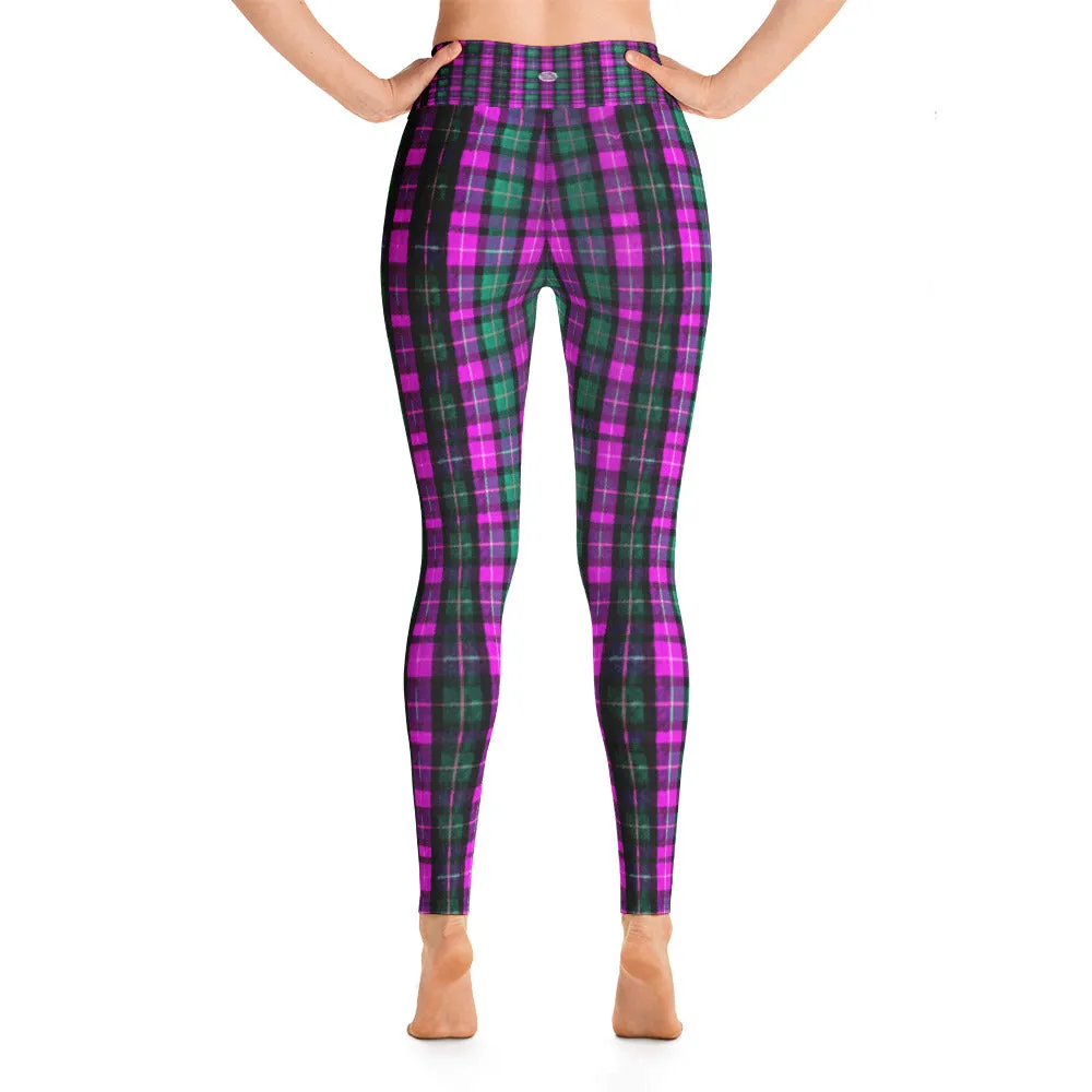 Pink Plaid Women's Leggings, Tartan Print Fitted Sports Long Yoga Pants-Made in USA/EU
