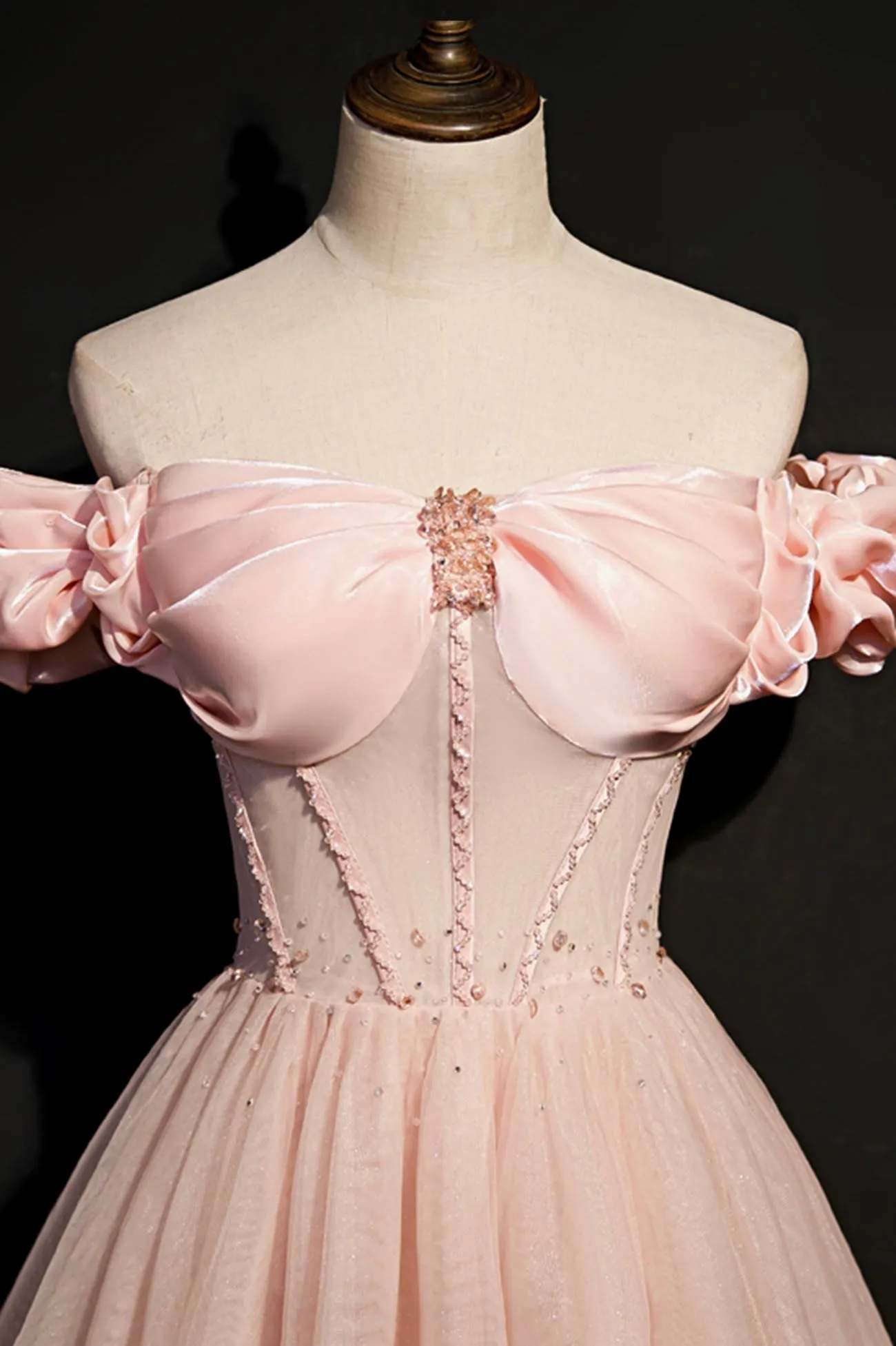Pink Tulle Off the Shoulder Prom Dress Beautiful A-Line Evening Dress