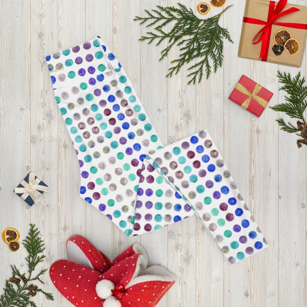 Polka Dots Women's Yoga Leggings, Abstract Dotted Long Sports Gym Tights-Made in USA/EU/MX