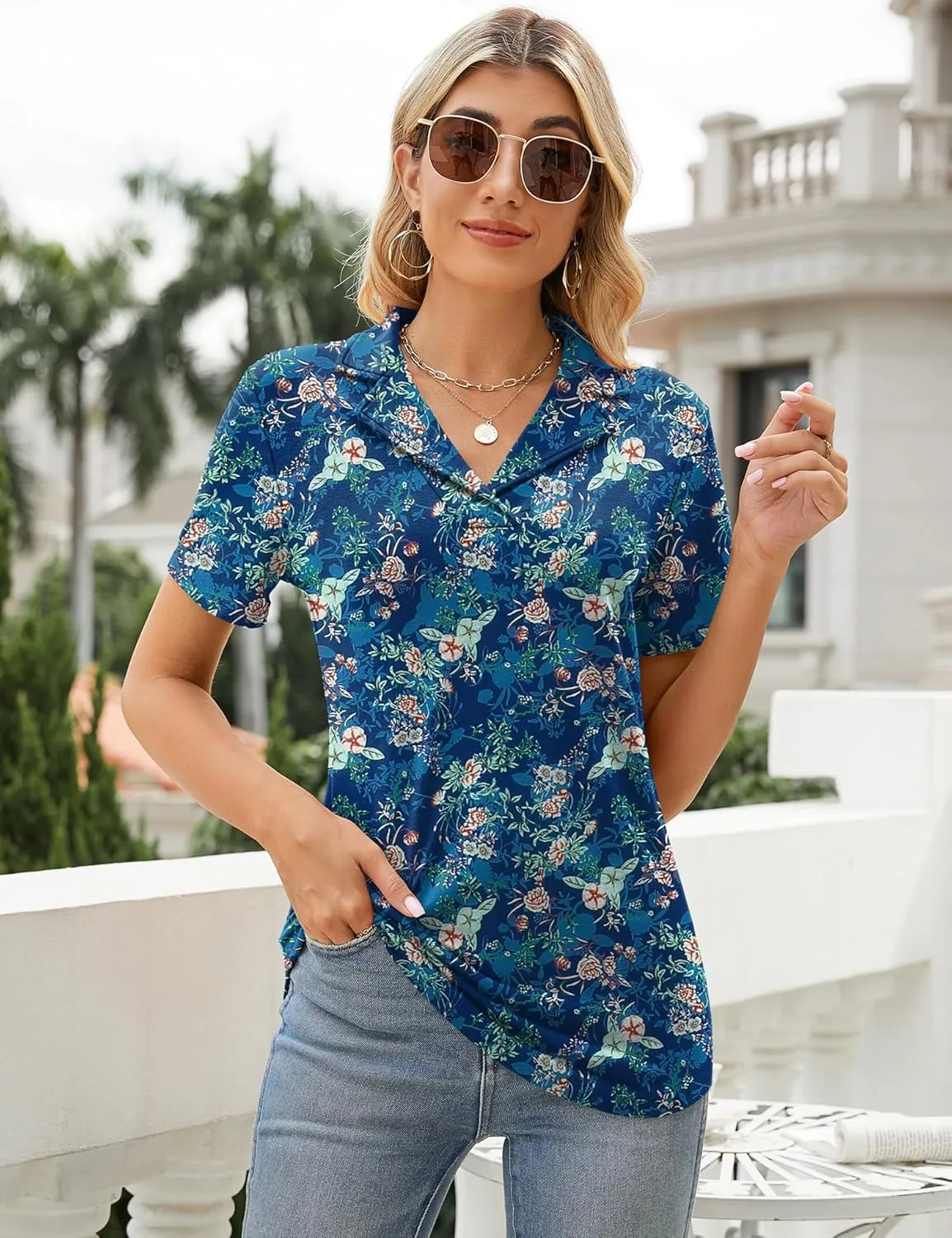 Rapbin Women's Polo Shirts Lapel Collar V Neck Short Sleeve Blouse Dressy Casual Tunic Tops