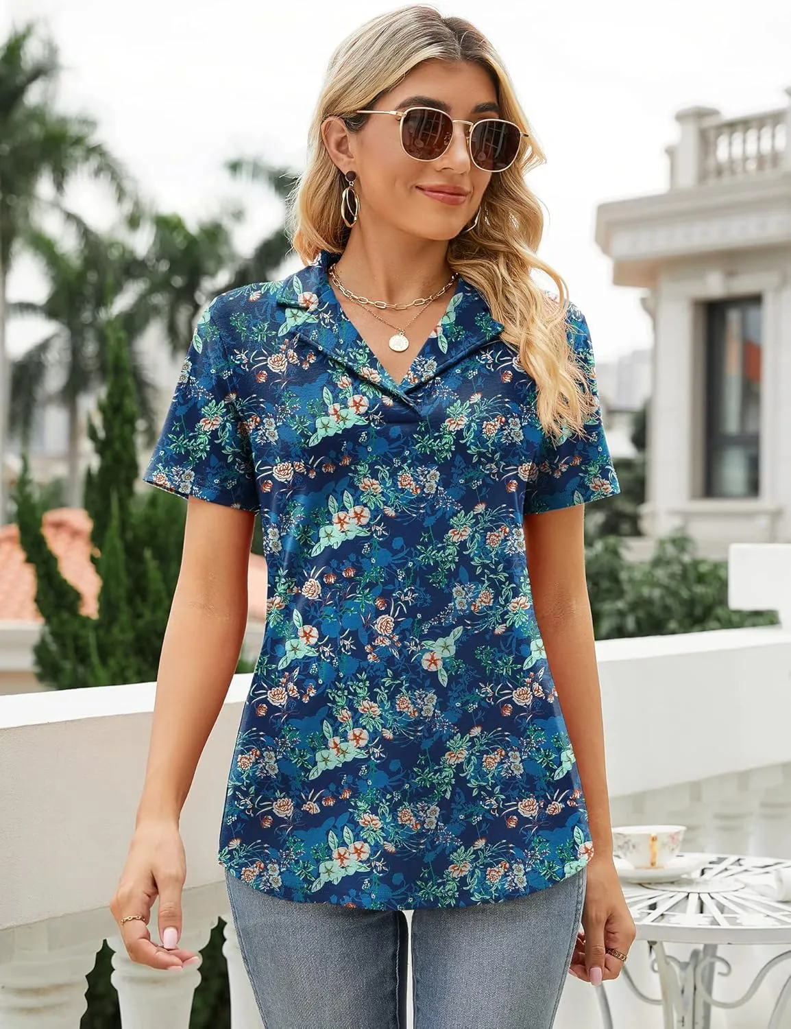 Rapbin Women's Polo Shirts Lapel Collar V Neck Short Sleeve Blouse Dressy Casual Tunic Tops