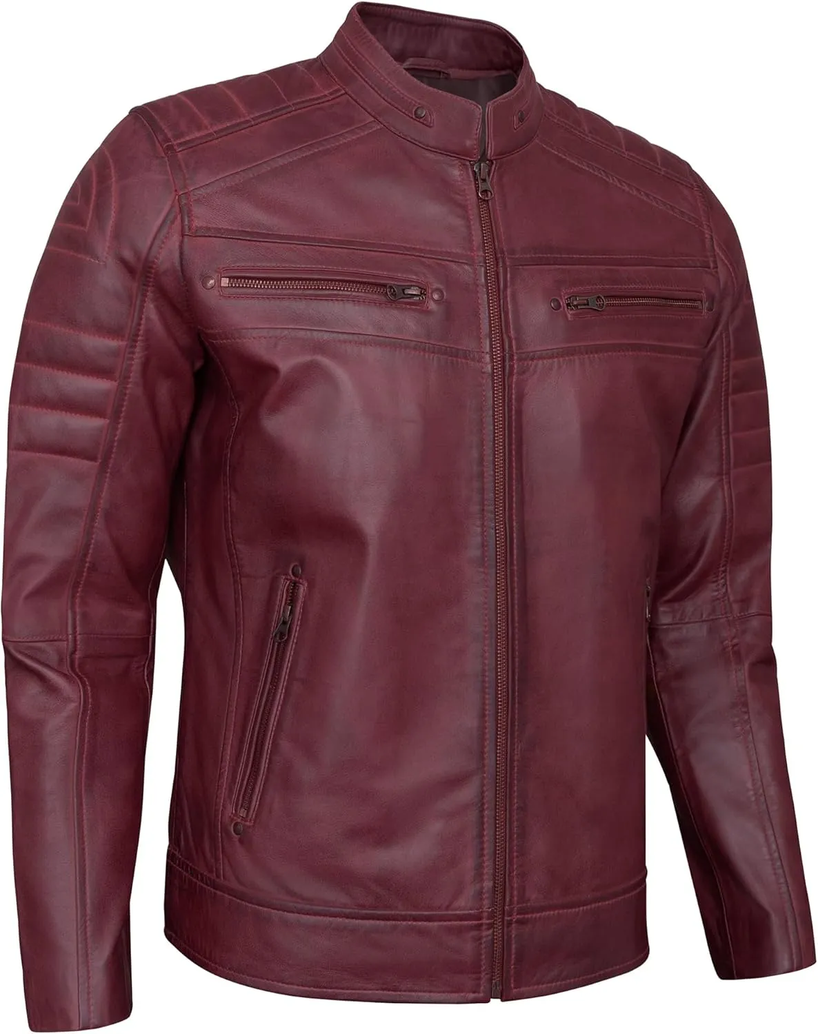 Real Leather Jacket Men - Quilted Biker Style Stand Collar Zip-Up Fashion Motorcycle Leather Jackets For Mens