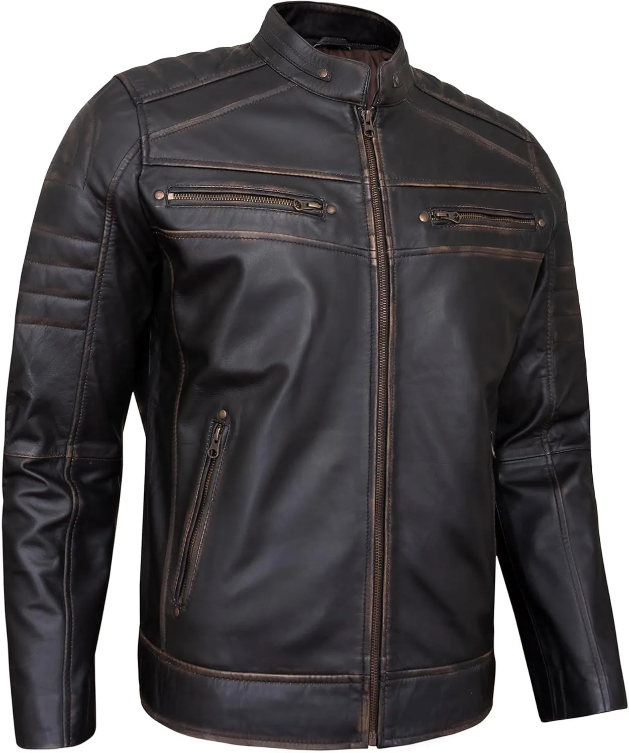 Real Leather Jacket Men - Quilted Biker Style Stand Collar Zip-Up Fashion Motorcycle Leather Jackets For Mens