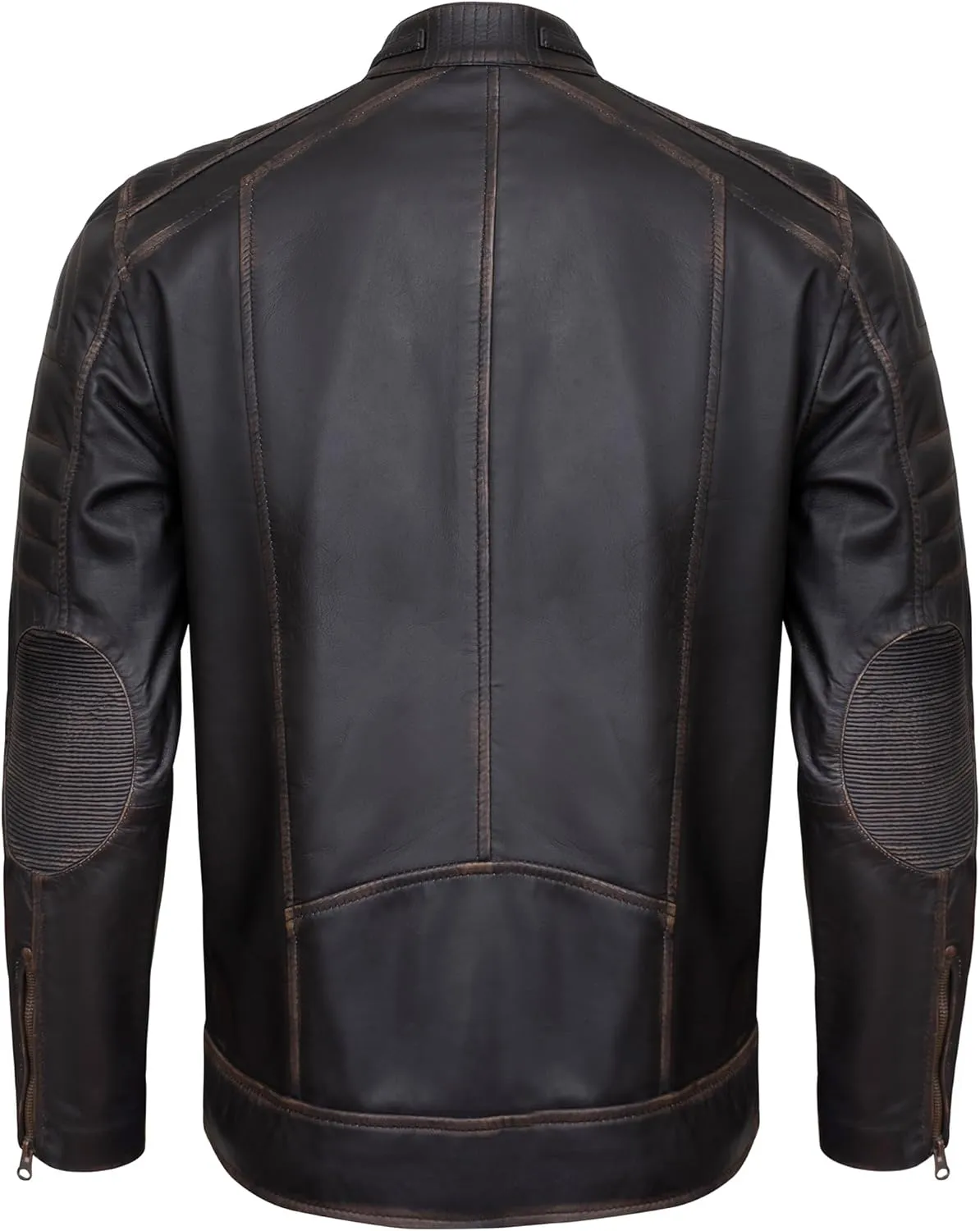 Real Leather Jacket Men - Quilted Biker Style Stand Collar Zip-Up Fashion Motorcycle Leather Jackets For Mens