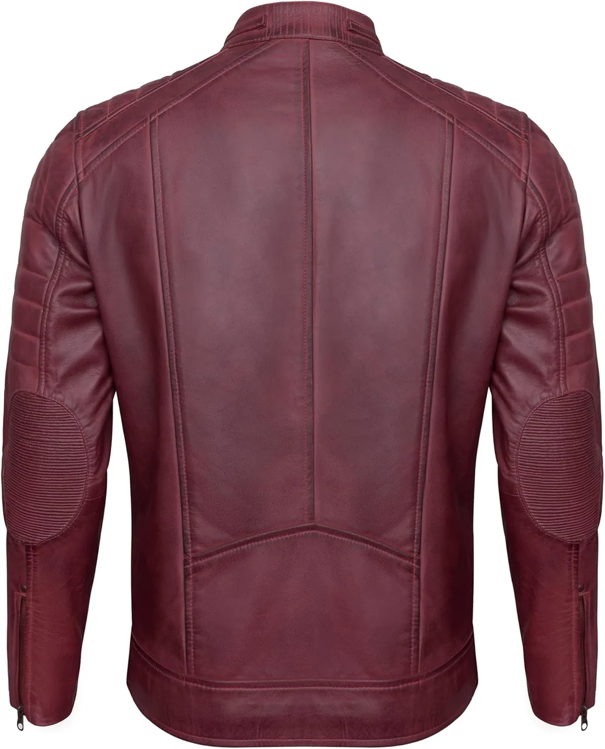 Real Leather Jacket Men - Quilted Biker Style Stand Collar Zip-Up Fashion Motorcycle Leather Jackets For Mens