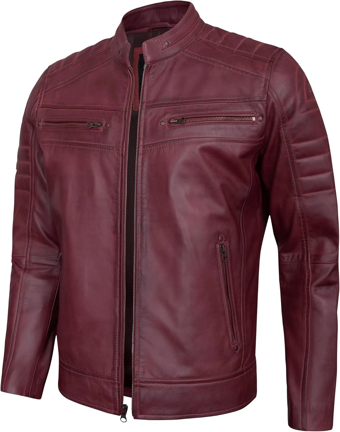 Real Leather Jacket Men - Quilted Biker Style Stand Collar Zip-Up Fashion Motorcycle Leather Jackets For Mens
