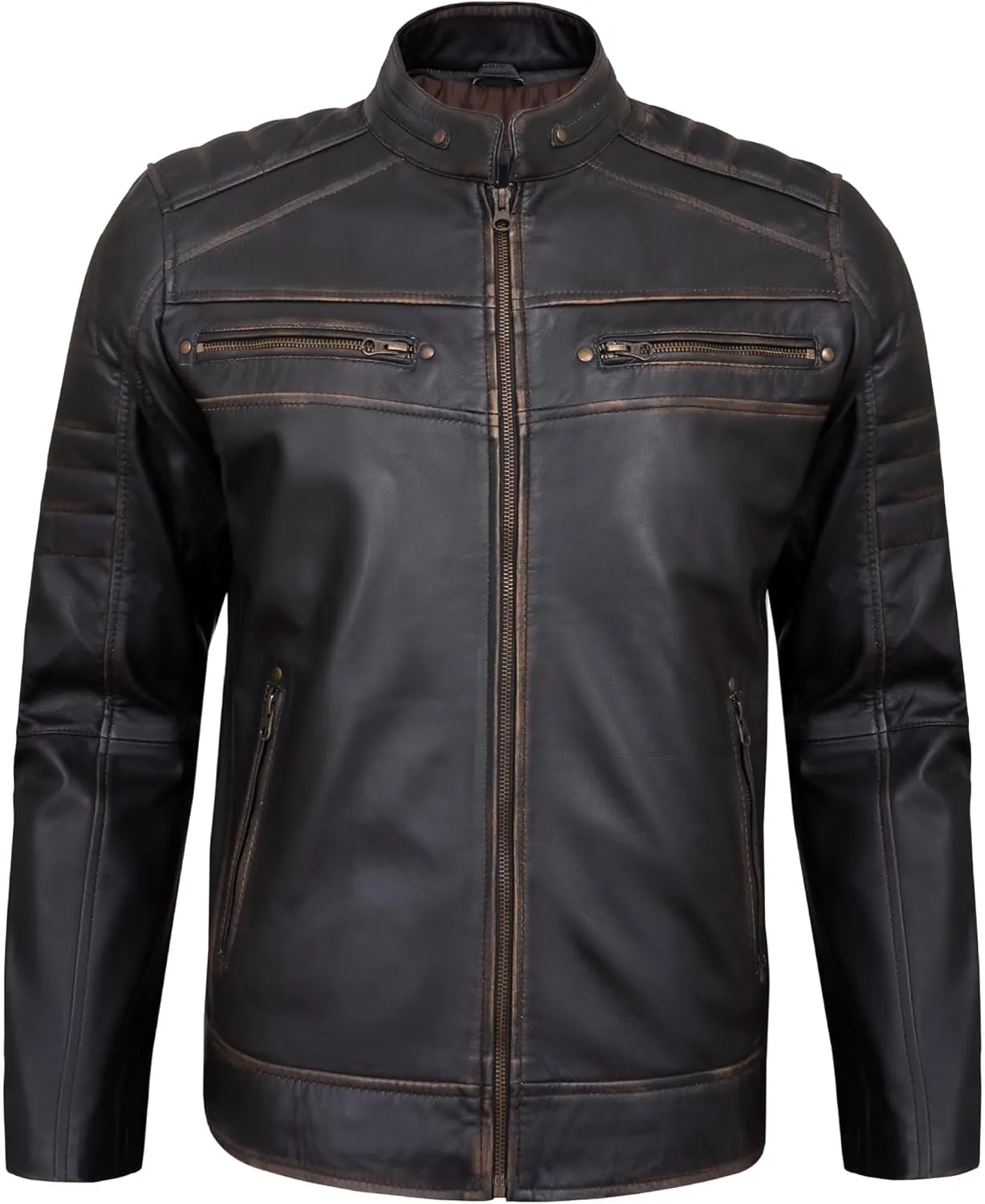 Real Leather Jacket Men - Quilted Biker Style Stand Collar Zip-Up Fashion Motorcycle Leather Jackets For Mens