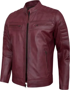 Real Leather Jacket Men - Quilted Biker Style Stand Collar Zip-Up Fashion Motorcycle Leather Jackets For Mens