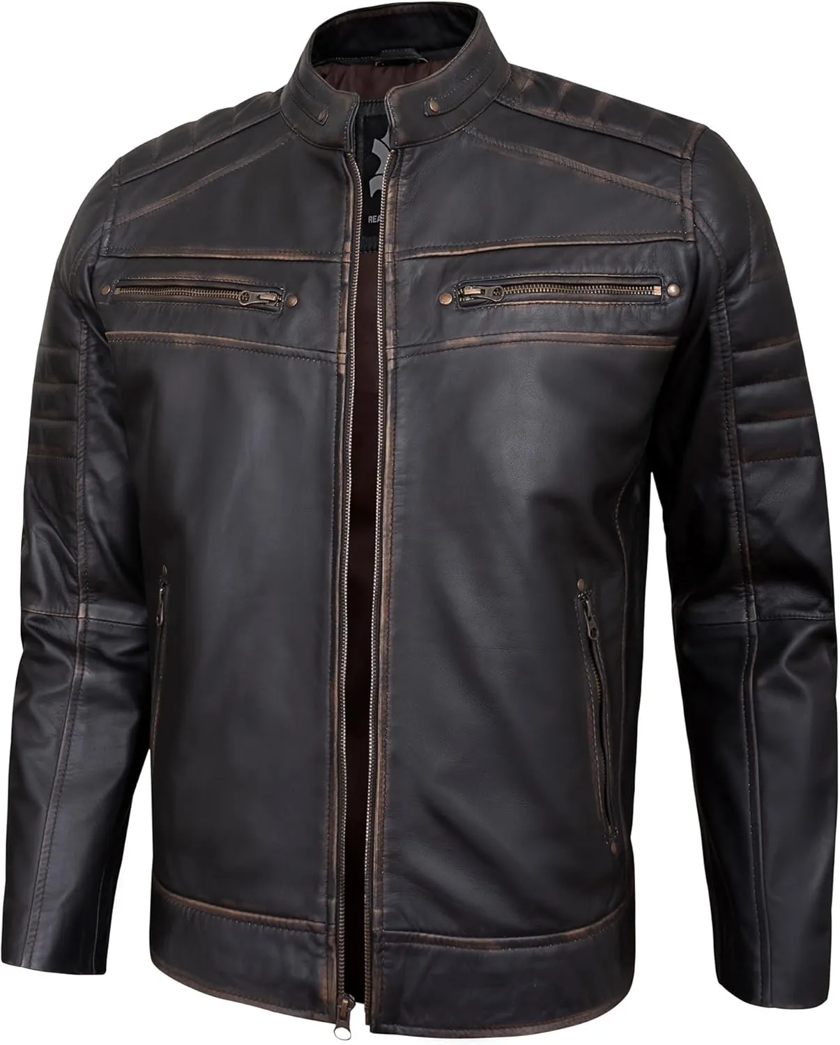 Real Leather Jacket Men - Quilted Biker Style Stand Collar Zip-Up Fashion Motorcycle Leather Jackets For Mens
