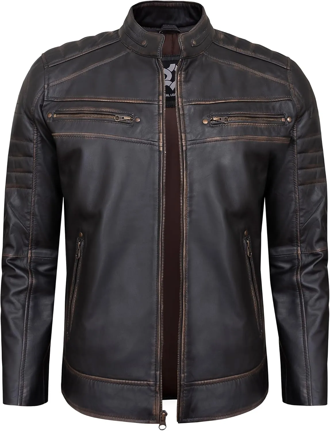 Real Leather Jacket Men - Quilted Biker Style Stand Collar Zip-Up Fashion Motorcycle Leather Jackets For Mens