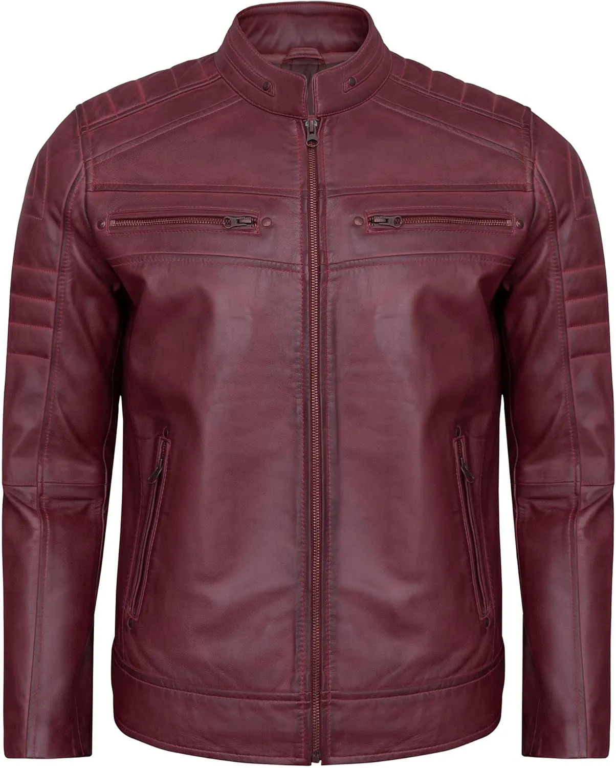 Real Leather Jacket Men - Quilted Biker Style Stand Collar Zip-Up Fashion Motorcycle Leather Jackets For Mens