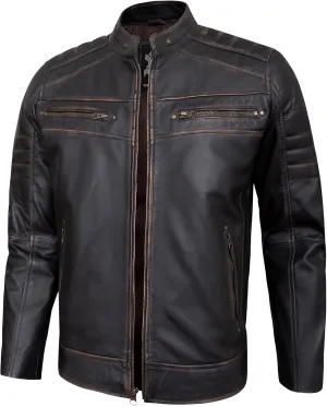 Real Leather Jacket Men - Quilted Biker Style Stand Collar Zip-Up Fashion Motorcycle Leather Jackets For Mens