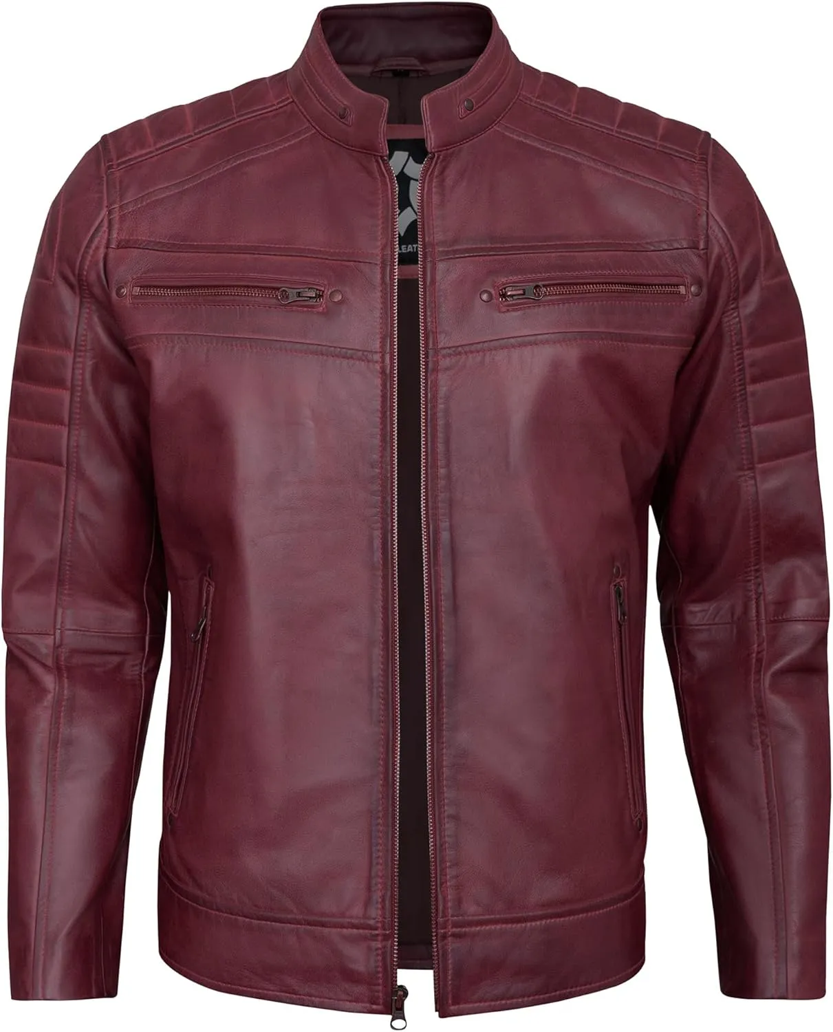Real Leather Jacket Men - Quilted Biker Style Stand Collar Zip-Up Fashion Motorcycle Leather Jackets For Mens