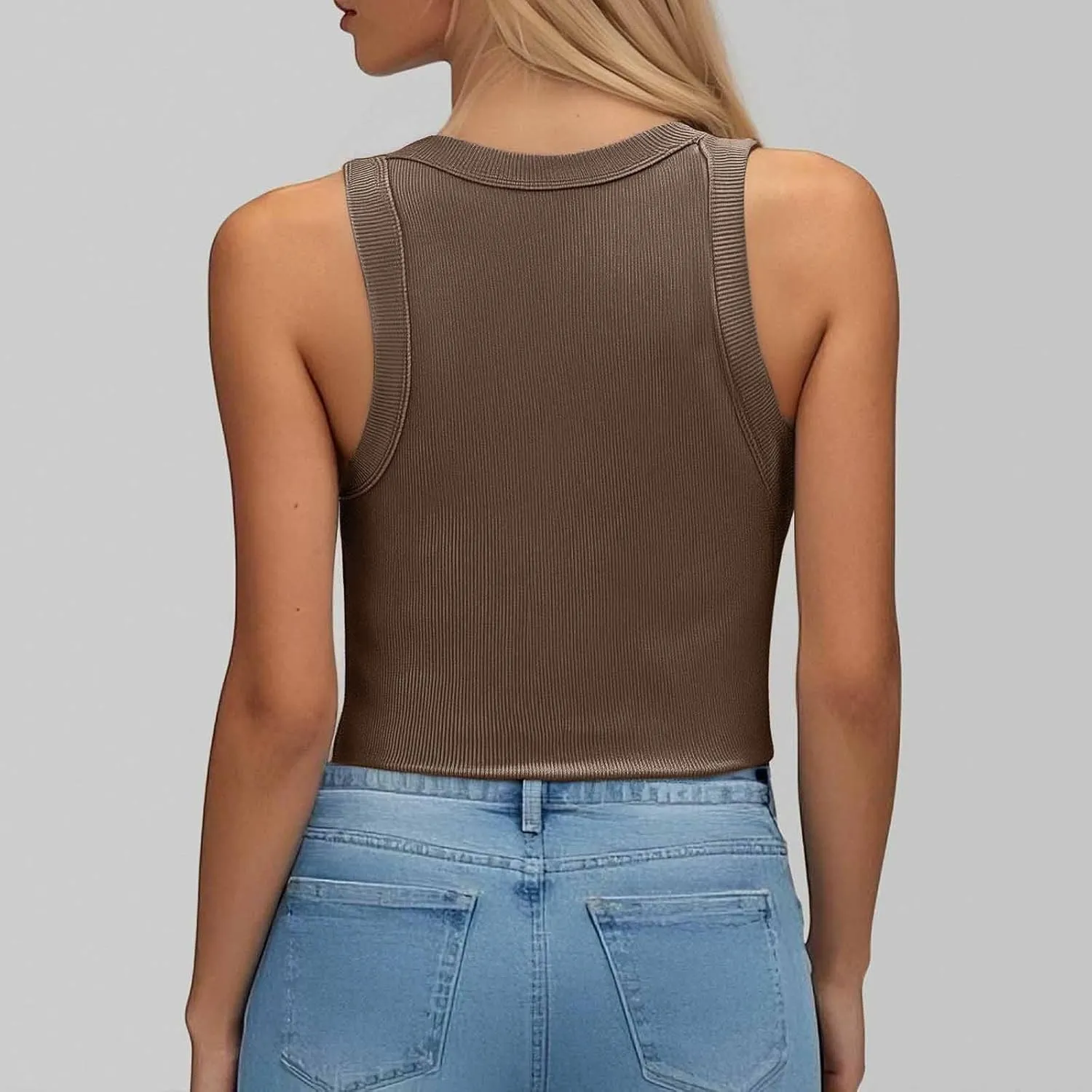 Ribbed Tank Tops for Women Built in Bra High Neck Racerback Shelf Bra Summer Cami Yoga Shirts Sleeveless Undershirt