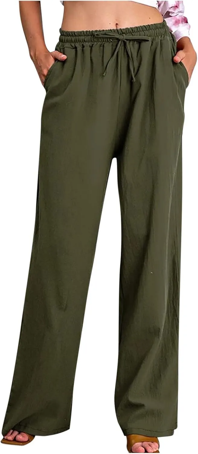 RKSTN Women's Cotton Linen Pants Summer Wide Leg Drawstring High Waist Palazzo Pant 2025 Casual Loose Trousers with Pockets