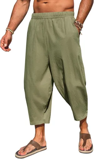 Runcati Mens Cotton Harem Capri Pants Yoga Beach Baggy 3/4 Shorts Pants Casual Elastic Waist Hippie Boho Pants
