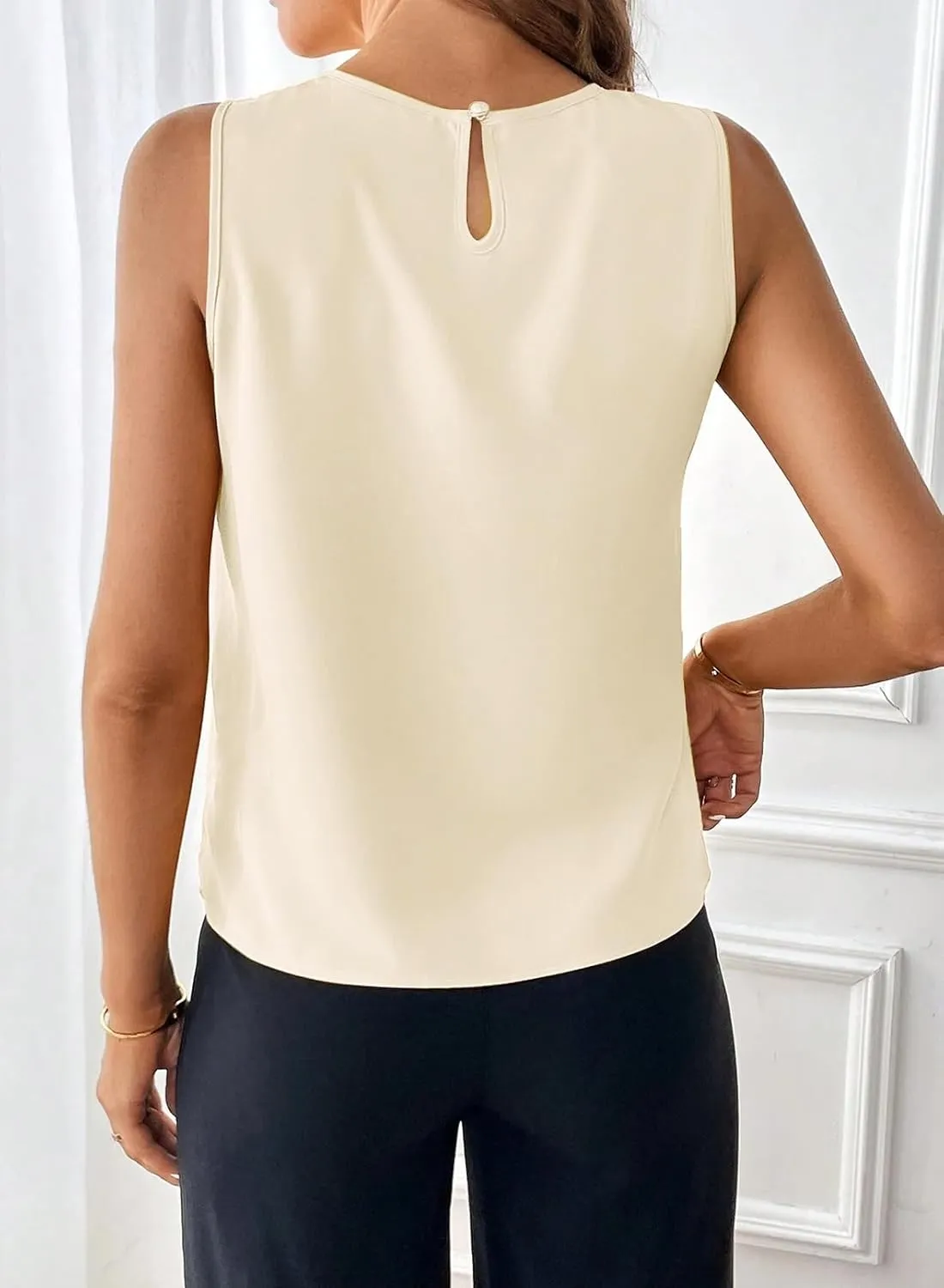 Samefar Womens Summer Tank Tops Pleated Crewneck Casual Loose Chiffon Blouses Sleeveless Tops Business Work Shirts