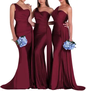 Satin Bridesmaid Dresses for Women Long Ruched Formal Dresses One Shoulder Prom Dresses KM334
