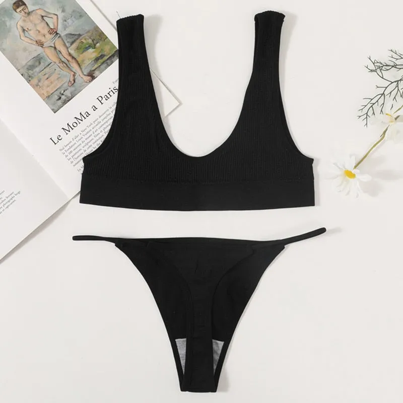 Seamless Bras Set Rib Non-Wire Bralette Bikini Underwear Low Waist G-String Thongs Solid Plunge Tops Sexy Lingerie