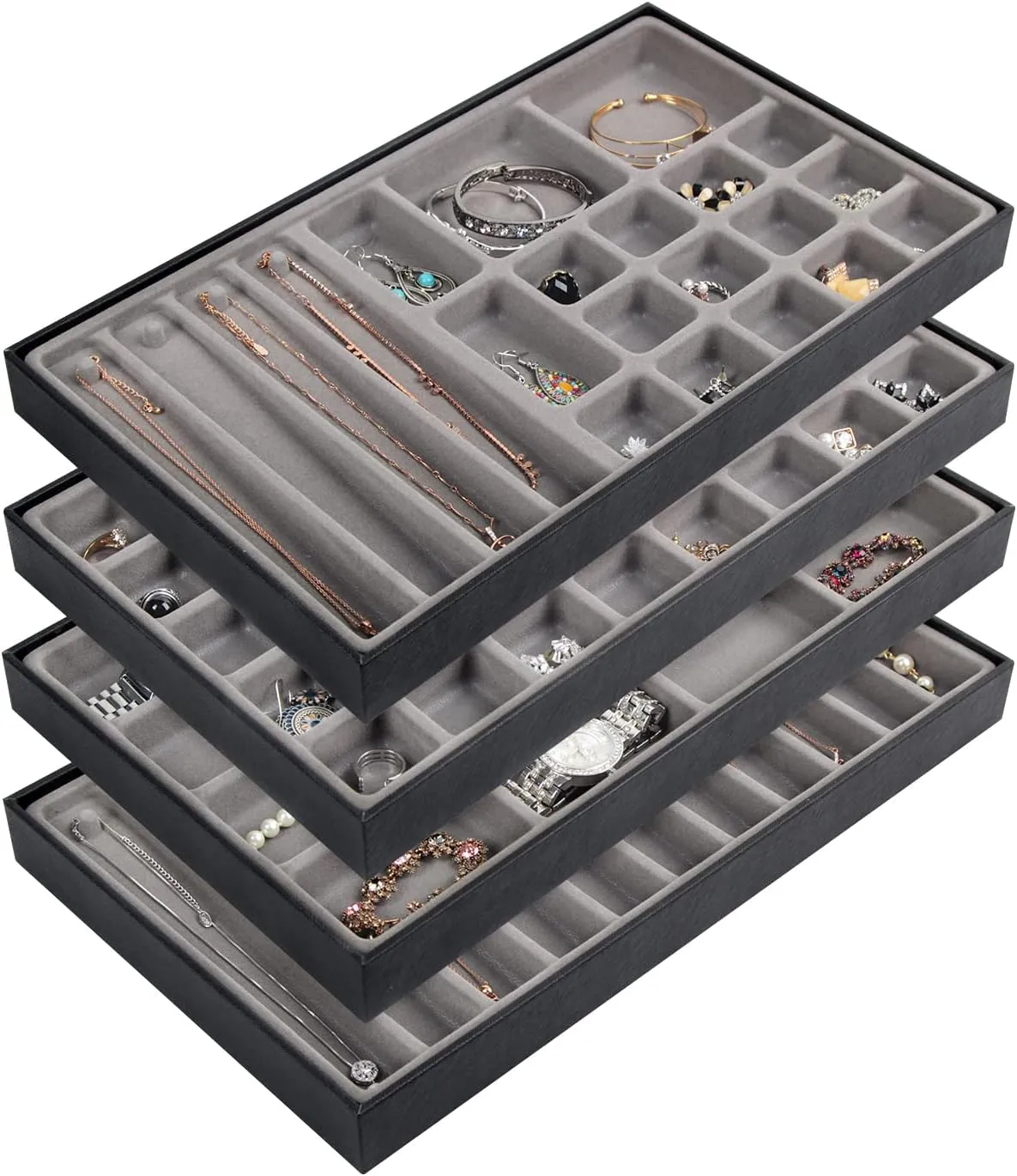 Set of 4 Stackable PU Leather Jewelry Organizer Trays, Jewelry Display Storage Box Showcase Holder Dresser Drawer Organizer for Earring Necklace Bracelet Ring Accessary (Black)- MK212-1ABCD