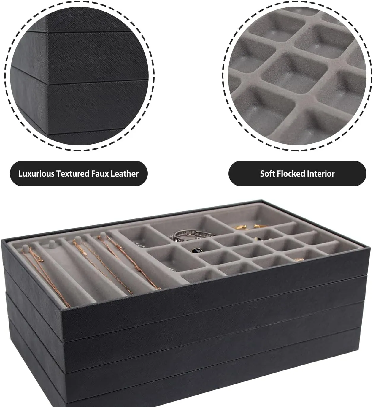 Set of 4 Stackable PU Leather Jewelry Organizer Trays, Jewelry Display Storage Box Showcase Holder Dresser Drawer Organizer for Earring Necklace Bracelet Ring Accessary (Black)- MK212-1ABCD