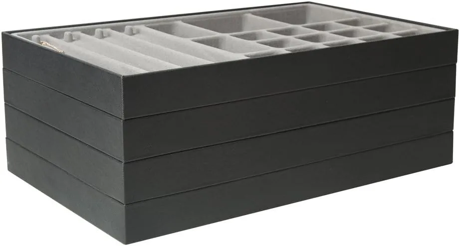 Set of 4 Stackable PU Leather Jewelry Organizer Trays, Jewelry Display Storage Box Showcase Holder Dresser Drawer Organizer for Earring Necklace Bracelet Ring Accessary (Black)- MK212-1ABCD