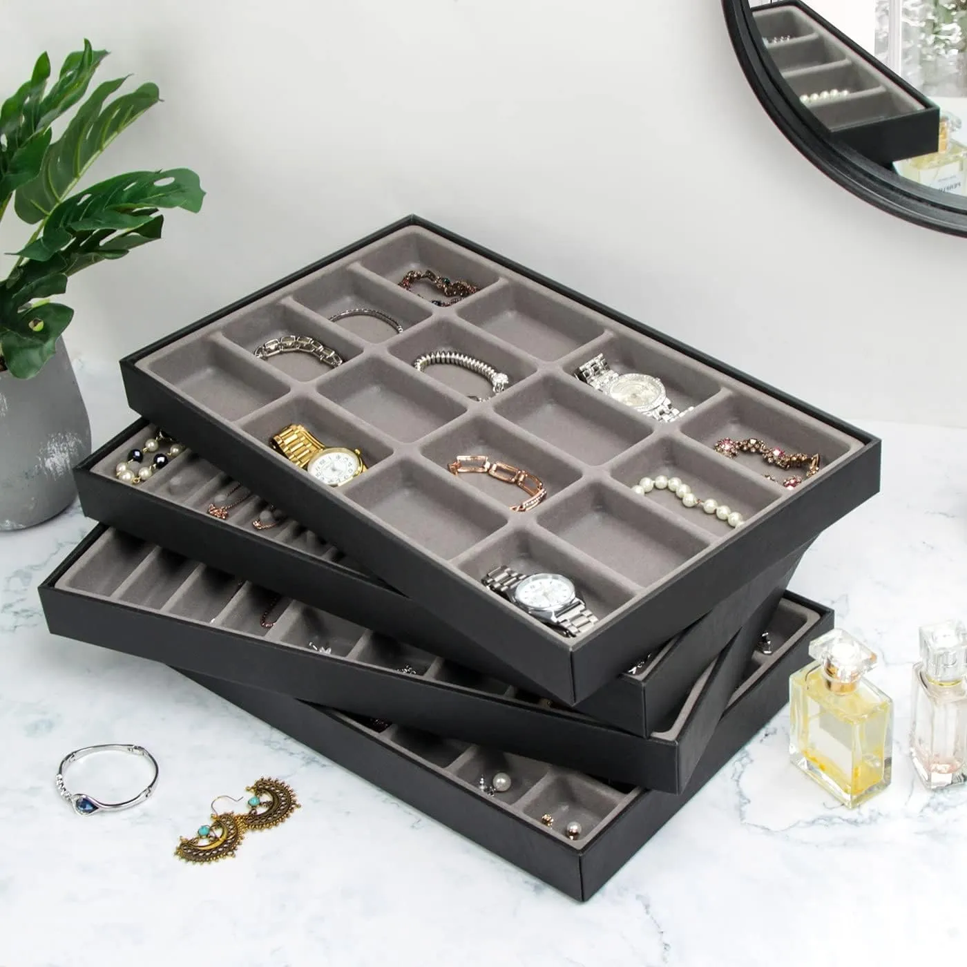 Set of 4 Stackable PU Leather Jewelry Organizer Trays, Jewelry Display Storage Box Showcase Holder Dresser Drawer Organizer for Earring Necklace Bracelet Ring Accessary (Black)- MK212-1ABCD