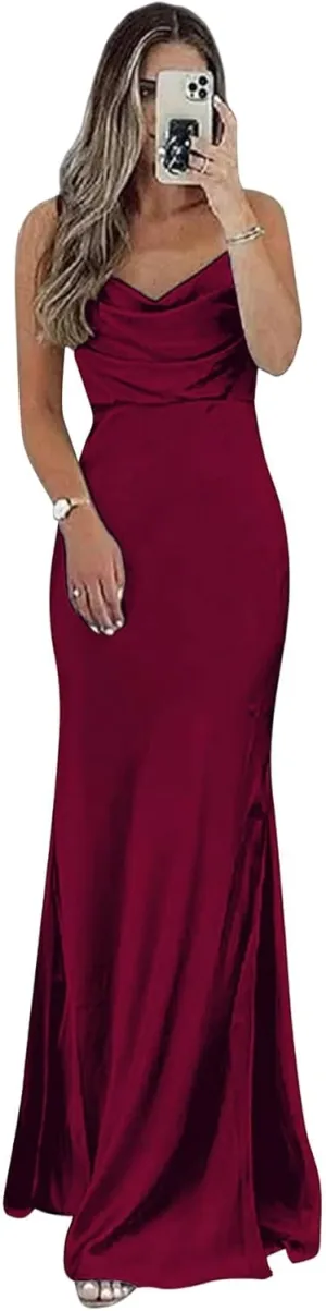 Sevintage Satin Slip Bridesmaid Dresses for Women Spaghetti Strap Long Fitted Prom Formal Evening Gown Slit