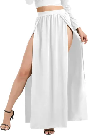 SILUI Women's High Waist Double Slit Sexy Plus Size Thigh Split Flowy Long Maxi Skirt