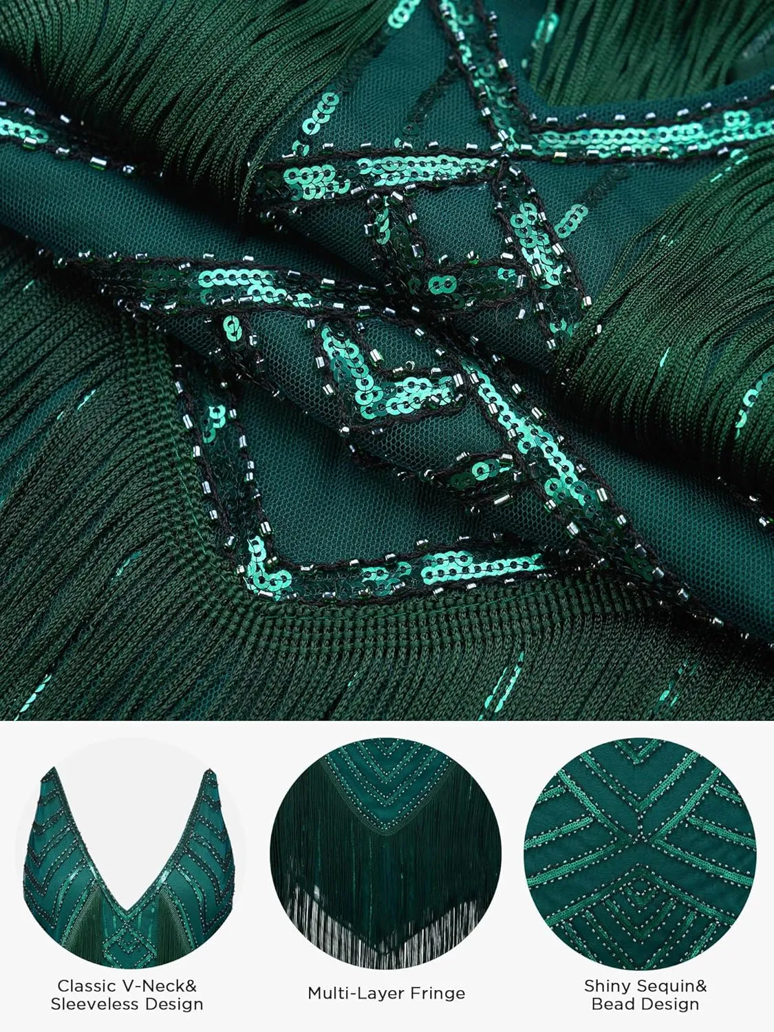 SWEETV Womens 1920s Flapper Dress,V Neck Great Gatsby Fringe Cocktail Dress with 20s Accessories Set-Roaring 20s Costume
