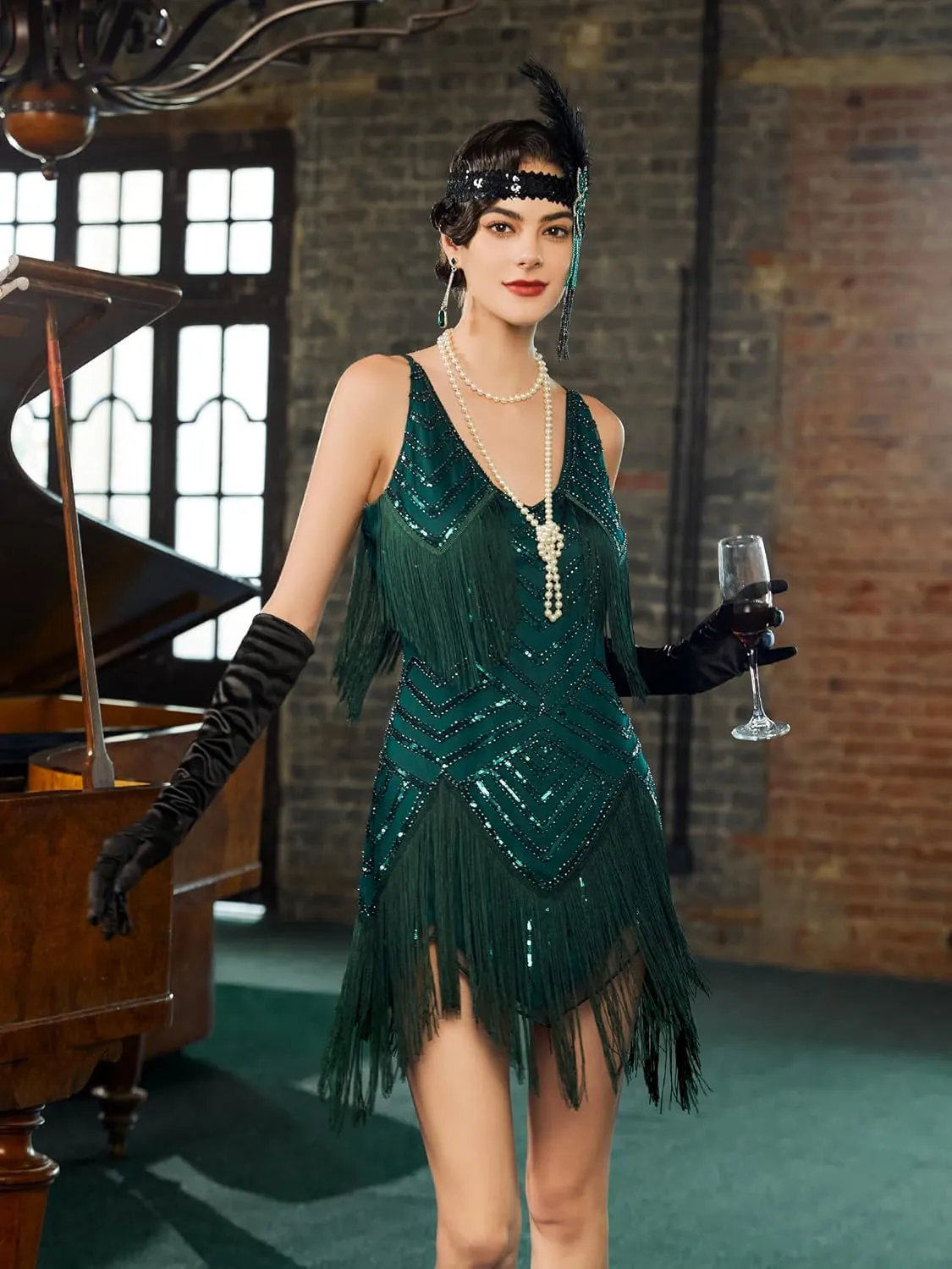 SWEETV Womens 1920s Flapper Dress,V Neck Great Gatsby Fringe Cocktail Dress with 20s Accessories Set-Roaring 20s Costume