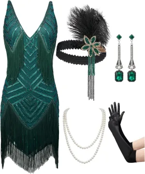 SWEETV Womens 1920s Flapper Dress,V Neck Great Gatsby Fringe Cocktail Dress with 20s Accessories Set-Roaring 20s Costume