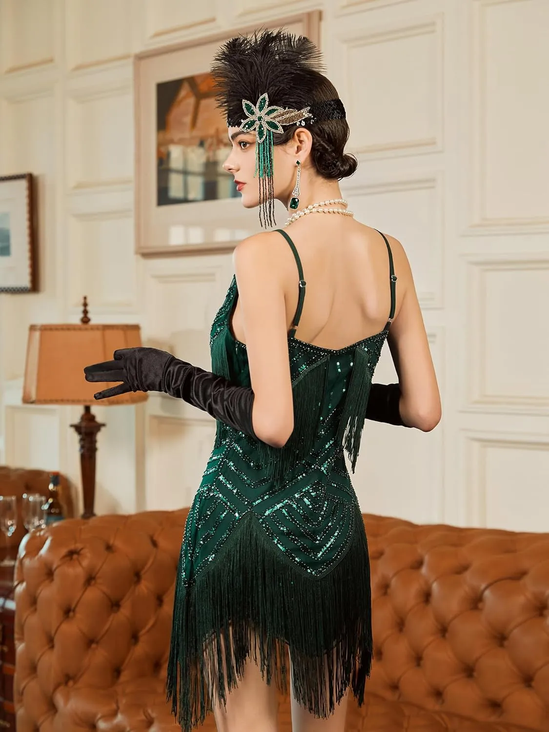 SWEETV Womens 1920s Flapper Dress,V Neck Great Gatsby Fringe Cocktail Dress with 20s Accessories Set-Roaring 20s Costume